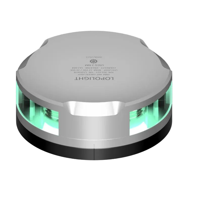 NAV LIGHT 2NM, 360° GREEN, SILVER W/FB BASE